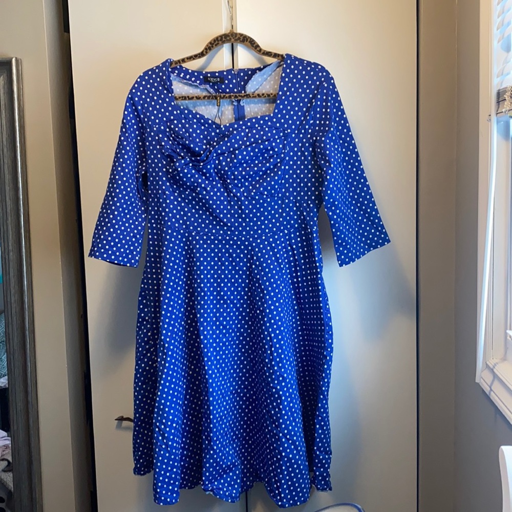 Acevog Blue and White Polka Dot Midi Dress